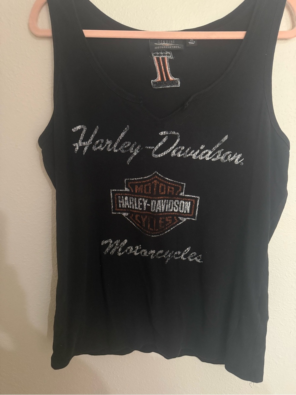 Harley-Davidson Black Tank with Silver Glitter Script and Orange Logo